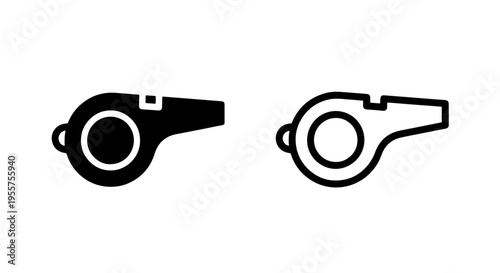 Sports whistle icon set: black solid and outline symbols for game officials
