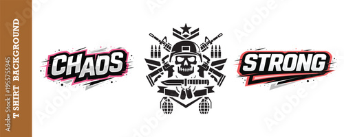 Creative bold typography design with military skull and weapons graphic elements for t shirts and apparel isolated in a dynamic layout