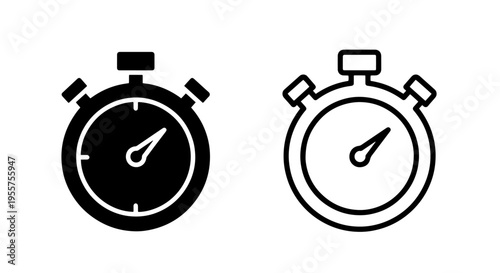 Stopwatch timer icon: solid black and outline for sports and timekeeping