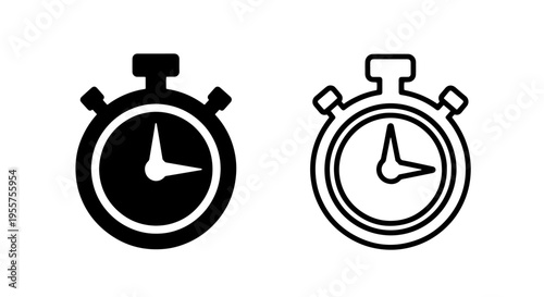 Classic stopwatch icon set: solid black and outline for time tracking