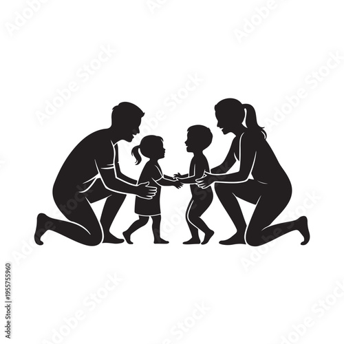 Parents teaching toddlers to walk, silhouette, black and white, family bonding, childhood development, isolated on white