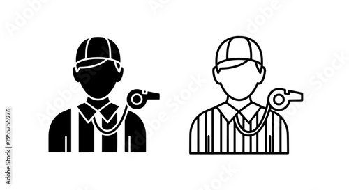 Referee icon with whistle: sports official in stripes with equipment