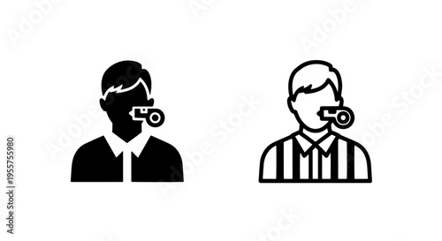 Referee icon blowing whistle: sports official with mouth piece