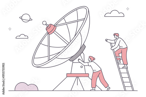 tiny people installing giant satellite dish illustration set, communication technology concept, minimal vector.