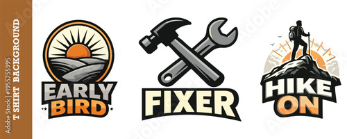 Creative collection of three vibrant logo designs featuring early morning nature hiking and handyman themes isolated on transparent background