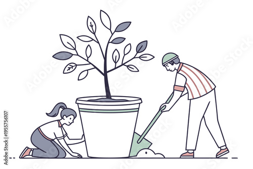 tiny people planting tree in huge flower pot illustration set, eco lifestyle concept, flat minimal vector