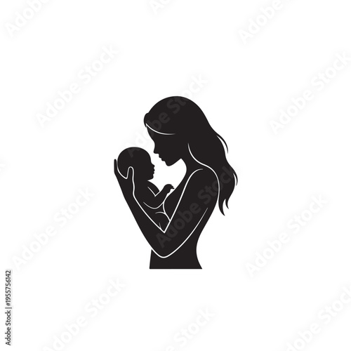 Mother holding newborn baby in loving embrace silhouette celebrating motherhood and maternal bond between parent and child on white background