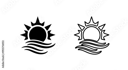 Sunrise over wavy water icon, dawn, ocean, sun rising symbol