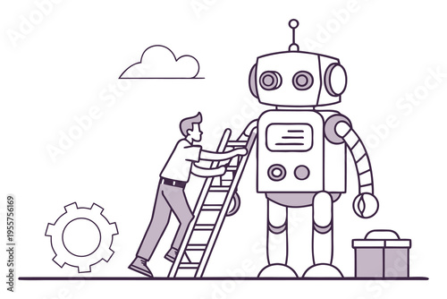 tiny people repairing giant robot illustration set, artificial intelligence concept, flat vector illustration.