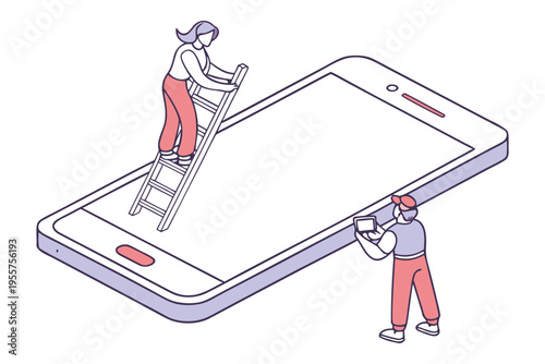 tiny people repairing huge smartphone illustration set, small technicians fixing mobile phone, minimal flat vector, clean outline.