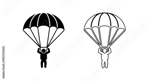 Parachutist icon set - silhouette and outline vector graphics for skydiving