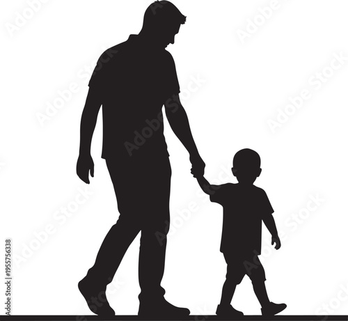 Father and Son Walking Hand in Hand Silhouette - A Touching Vector Illustration of Paternal Guidance and Childhood Steps, Symbolizing Family Love, Support, and Togetherness on a White Background