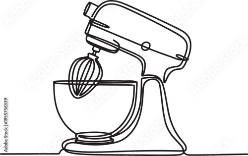 Minimalist line art illustration of a kitchen stand mixer with whisk attachment, perfect for culinary blogs and baking enthusiasts