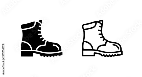 Two military combat boots, black outline and filled icon set for clothing and footwear designs