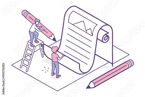tiny people writing on giant document illustration set, content creation concept, flat minimal vector.