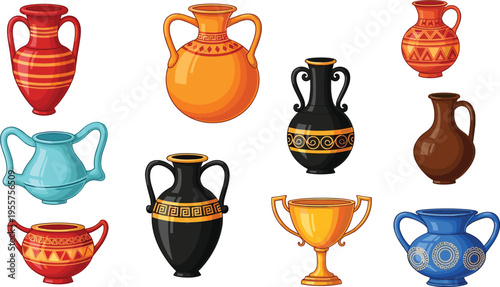 Collection of Colorful Ceramic Amphora Vases and Decorative Clay Pots Isolated on White Background for Vintage Design