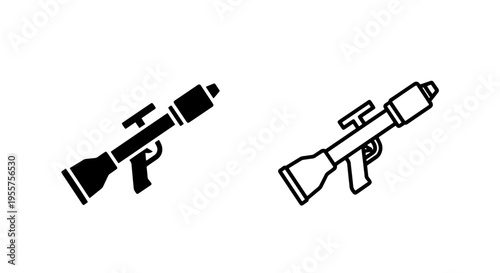 Angled black and outline rocket launcher icon set for military and shooter games