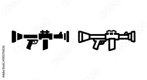 Straight black and outline rocket launcher icon set for combat and military use