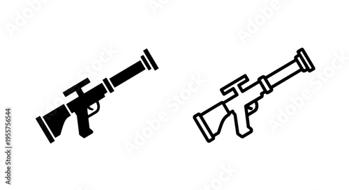 Isometric black and outline rocket launcher icon set for army and warfare themes