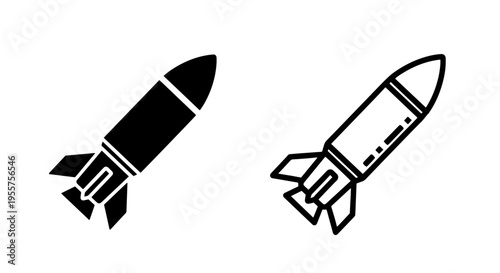 Modern black and outline rocket icon set for space travel and scientific projects