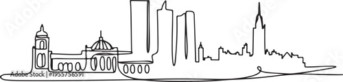 Abstract minimalist continuous line drawing of a cityscape with iconic buildings and a clear horizon