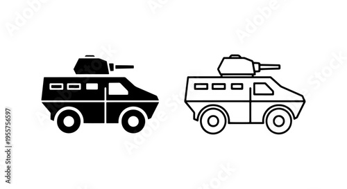 Armored personnel carrier icon: army troop transport vehicle outline and solid symbol