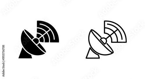 Satellite dish icon set: transmitting signal outline and solid black technology element