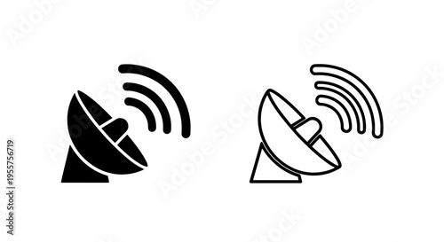 Satellite dish icon set: receiving signal outline and solid black broadcasting element
