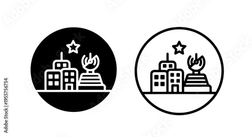 Smart city icon set: urban buildings with satellite dish and star outline black graphic