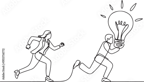 Innovative Business Ideas Two People Running With a Bright Idea, Representing Progress and Creativity