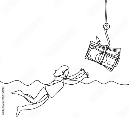 Continuous line art person underwater reaching for money on a hook, symbolizing financial temptation, dangerous risks, and potential debt