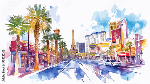 Las Vegas Strip. Las Vegas Strip hand drawn watercolor illustration