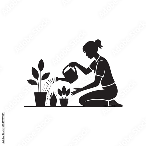 Silhouette of woman watering potted plants with watering can gardening hobby home care nature plants domestic life