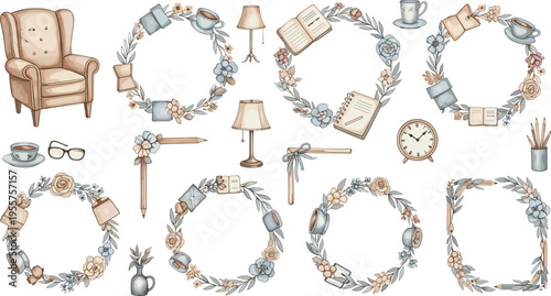 Cozy Home Office Floral Frame Collection Vector Illustration Featuring Books Lamp Chair Coffee and Decorative Wreath Elements Set