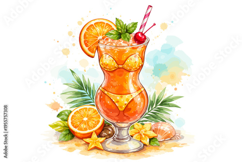 Fresh Orange Cocktail with Mint Watercolor Illustration