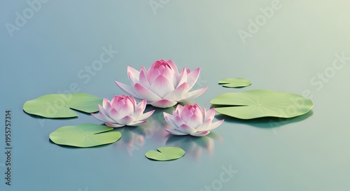 Three blooming lotus flowers on a serene water surface with a soft bokeh background.