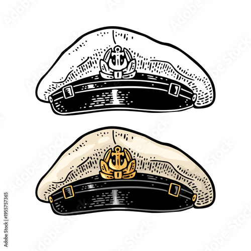 Captain hat. Vintage color engraving illustration. Isolated on white background. Hand drawn design element for poster