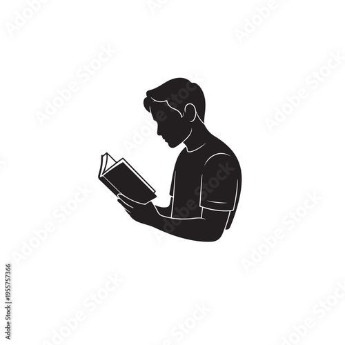 Silhouette of young man engrossed in reading a book, student deeply focused on learning and acquiring knowledge