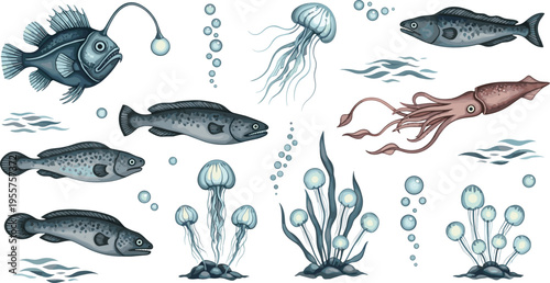 Deep Sea Marine Life Collection Vector Illustration Featuring Anglerfish Squid Jellyfish and Glowing Underwater Creatures in Dark Ocean Style