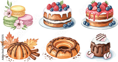 Delicious Dessert Collection Vector Illustration Featuring Cakes Macarons Donuts and Sweet Pastry Treats with Fruits and Chocolate Toppings