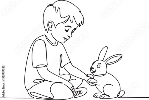 A simple line art illustration of a young boy gently touching a rabbit, depicting a moment of childhood innocence and animal connection