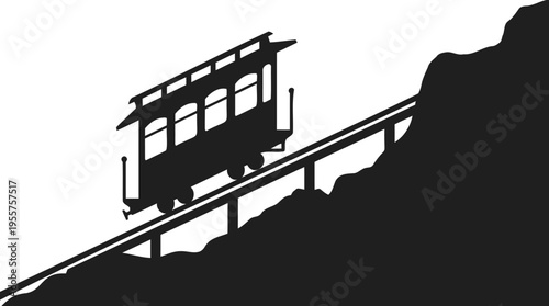Stylized graphic silhouette of a classic funicular or cable car ascending a steep mountain incline, symbolizing historical transportation and scenic travel