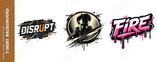 Trendy stylish tshirt design collection featuring disrupt fire and modern portrait graphics isolated on transparent background perfect for printondemand and fashion brands