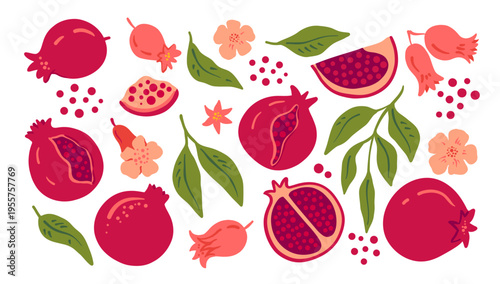 Collection of pomegranate fruits with leaves and blossoms in a modern flat style. Bright red tones, simple shapes and clean lines create a fresh, organic and vibrant composition with a natural, season