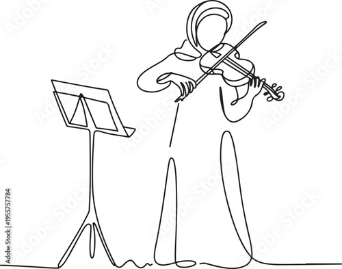 A Continuous Line Drawing of a Woman Wearing a Hijab Playing the Violin with a Music Stand - Elegant Artistic Representation of Musical Performance