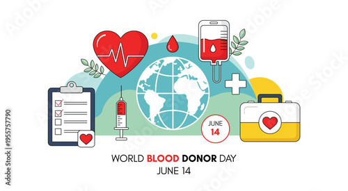 World blood donor day illustration with medical symbols and globe