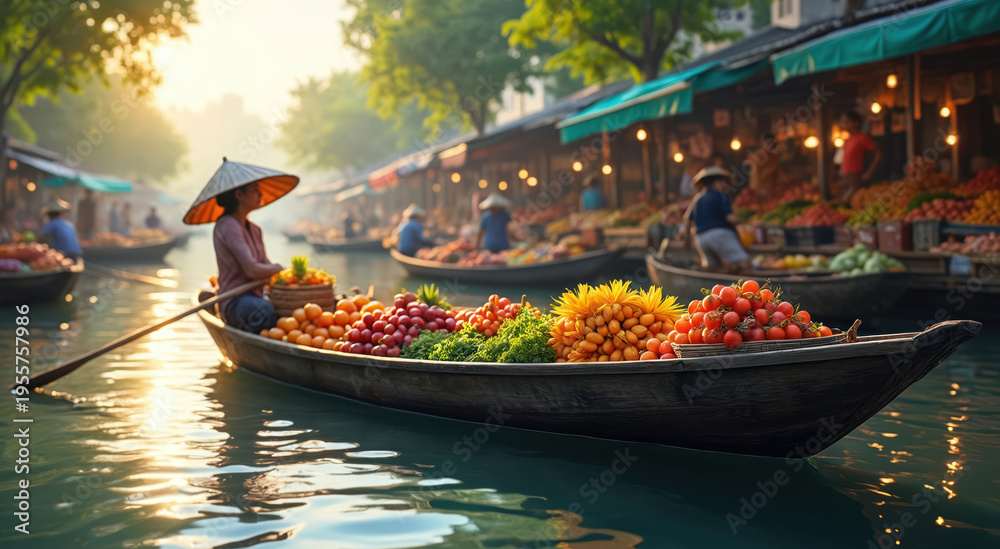 Obraz premium Asian woman in conical hat rows boat filled with colorful fruits and vegetables at busy river market. Other boats and stalls line canal, selling produce under awnings in morning sun.