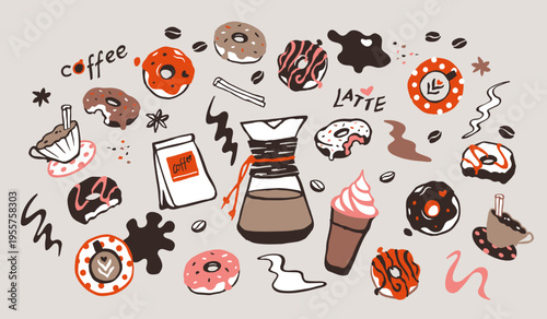 Coffee and Donut Set in Retro style. Cafe Menu Bakery and Hot Drink Illustrations