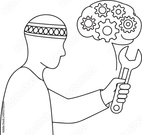 Islamic intellectual holding a wrench, symbolizing the repair or improvement of the mind with a cogwheel brain concept