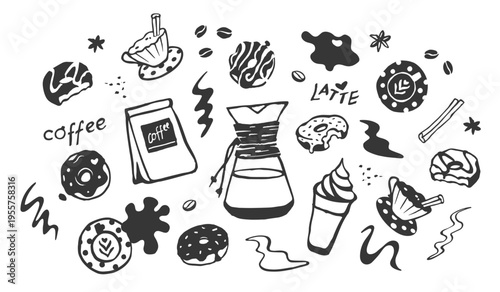 Coffee and Donut Menu Set Illustrations. Black and white. Colored page illustration